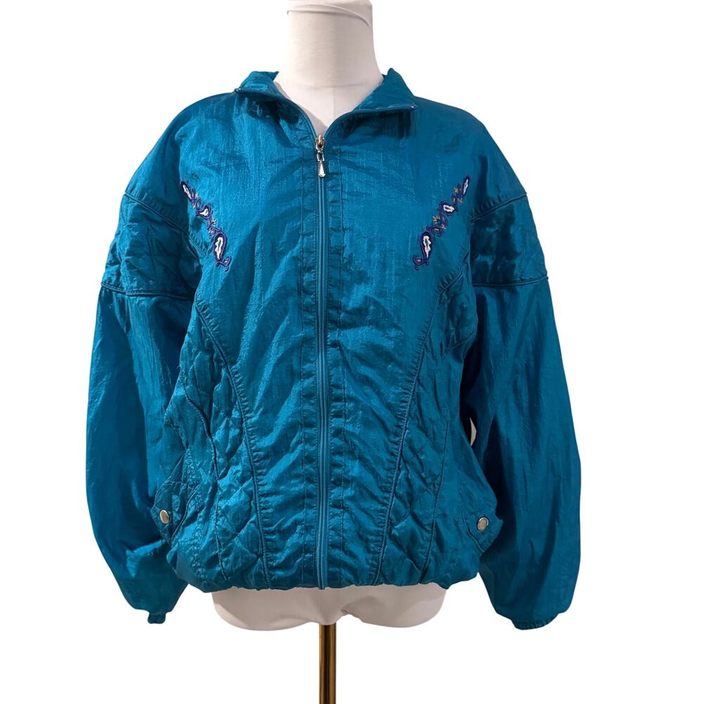 Vintage Retro 80s 90s Teal Blue Embroidered Windbreaker Jacket Women Medium Y2k